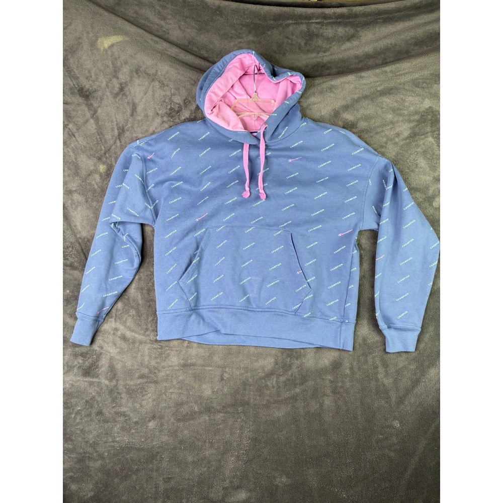 Champion Womens Blue All Over Logo Print Hoodie Pink Lining Size M W5923P